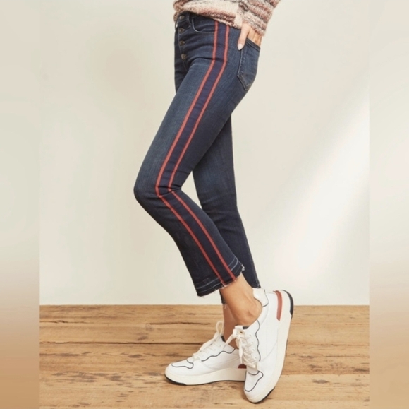Veronica Beard Carolyn 10" Baby Boot Jeans Navy/Red Leg Stripe Released Hem - 25 - Picture 1 of 15